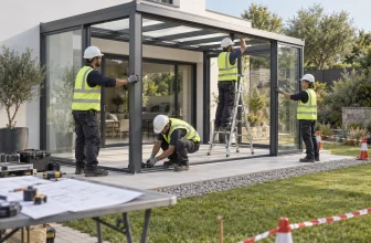 Professionnels équipés assemblant une structure modulaire de véranda générique sur une dalle sécurisée.