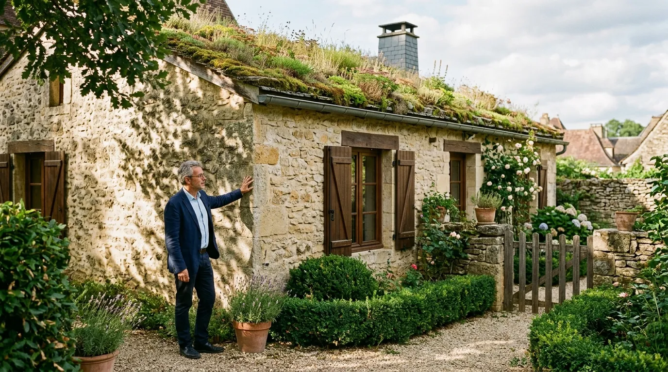 Maison en pierre au toit végétalisé dans un jardin, avec un visiteur devant la façade.