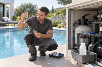 Professionnel inspectant l’eau et le circuit de filtration fermé d’une piscine.