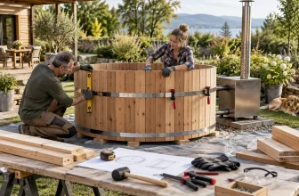 Deux adultes assemblant prudemment une cuve ronde en bois dans un jardin.