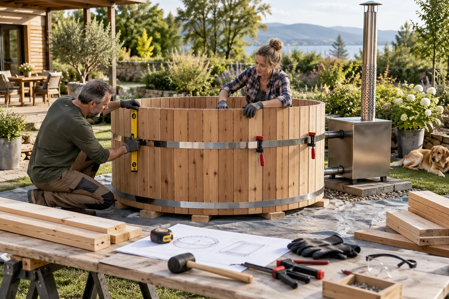 Deux adultes assemblant prudemment une cuve ronde en bois dans un jardin.