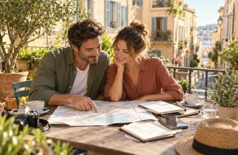 Couple consultant une carte dans un environnement urbain méditerranéen générique.