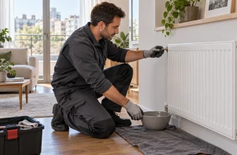Technicien ganté préparant la purge prudente d’un radiateur dans un appartement.
