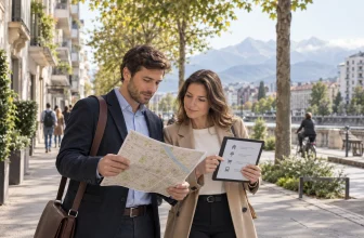 Deux adultes préparant une visite à partir d’une carte dans une ville alpine générique.