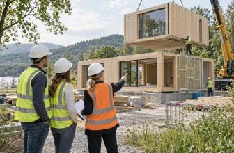 Architecte et propriétaires observant l’assemblage sécurisé de modules de maison en bois.