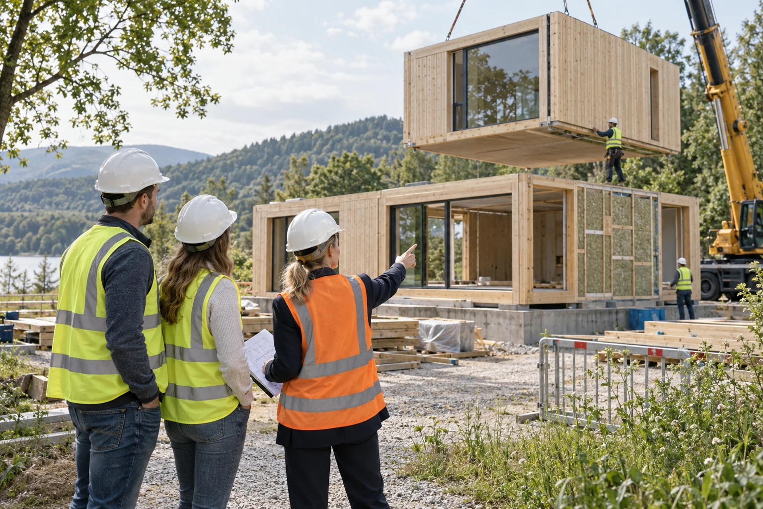Architecte et propriétaires observant l’assemblage sécurisé de modules de maison en bois.
